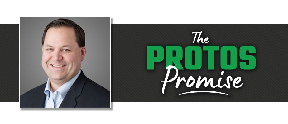 Headshot of CEO Mark Hjelle with the words "The Protos Promise" in bold green and white text on a dark textured background